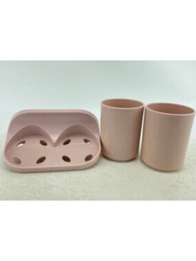 Vintage 80s bathroom set, blush pink, plastic tumblers with wall holder